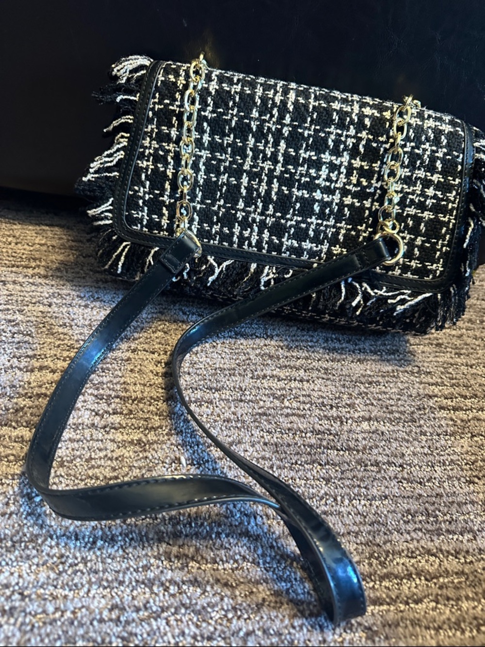 bebe Black & White Tweed Fringe Crossbody with Gold Chain